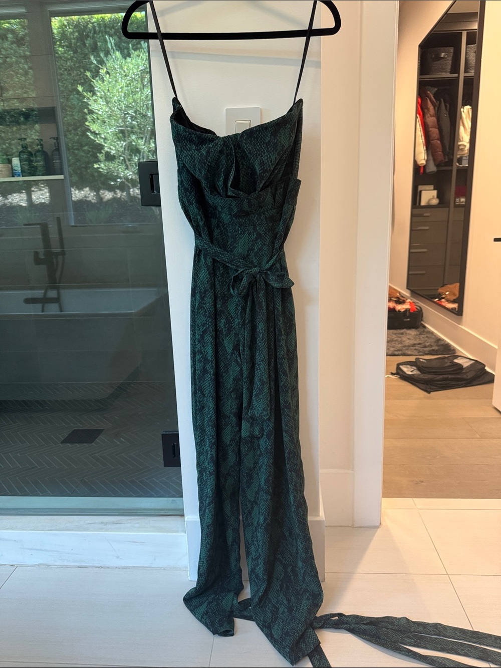 Michael Costello Dark Green Snake-Print Maxi Dress with Tie Waist